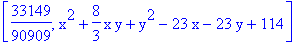[33149/90909, x^2+8/3*x*y+y^2-23*x-23*y+114]